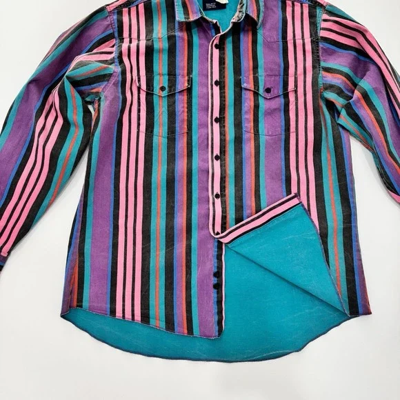 Vtg Wrangler Brushpopper Shirt 17 36 Western Rodeo Cowboy Pink Purple Teal 90s